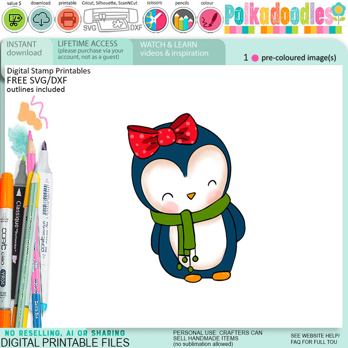 Waiting for Christmas Theo Penguin colour clipart for card making, crafts, scrapbook, stickers, junk journals