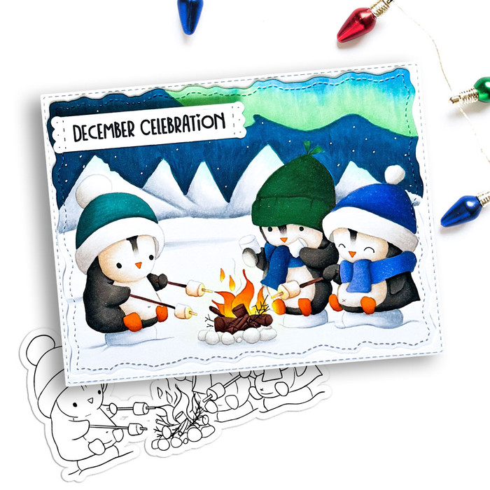 Toasting Marshmallows Theo Penguin - BLACK/WHITE printable digital stamp, card making, craft, sticker, junk journal, scrapbook