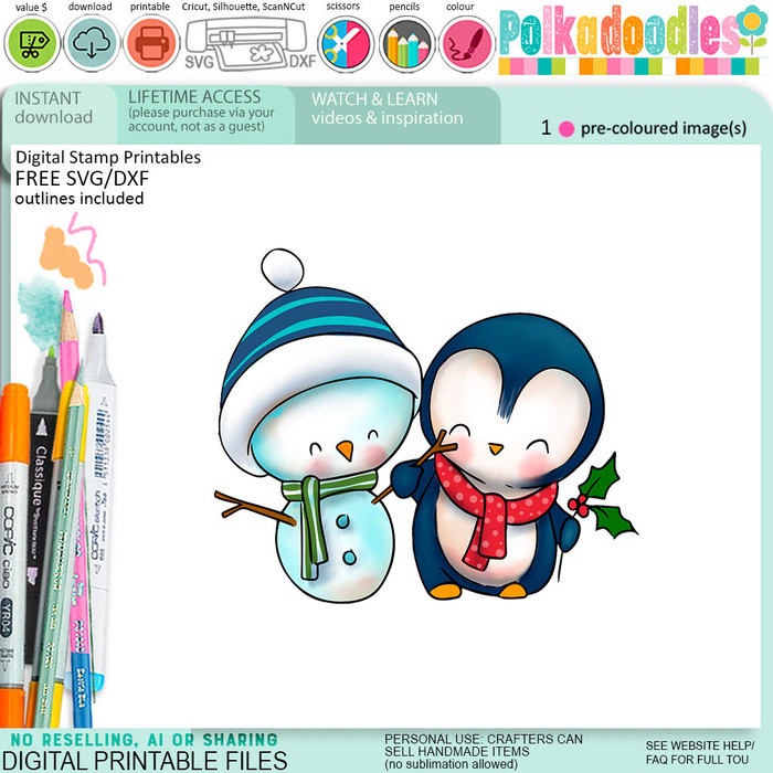 Snowman friend Theo Penguin colour clipart for card making, crafts, scrapbook, stickers, junk journals