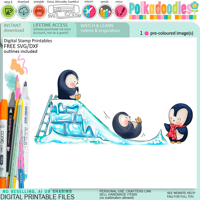 Snow slide playing Theo Penguin colour clipart for card making, crafts, scrapbook, stickers, junk journals