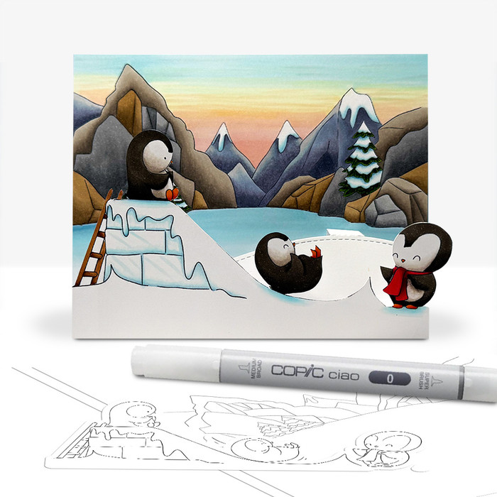 Snow slide playing Theo Penguin - BLACK/WHITE printable digital stamp, card making, craft, sticker, junk journal, scrapbook