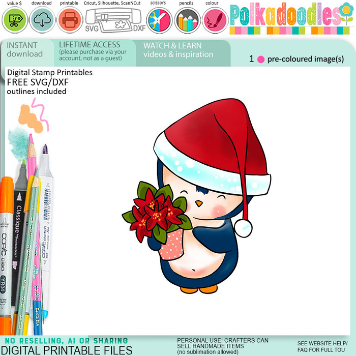 Poinsettia gift Theo Penguin colour clipart for card making, crafts, scrapbook, stickers, junk journals