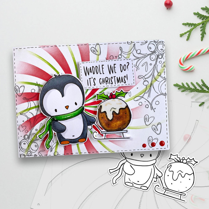 Christmas Pudding Sleigh Theo Penguin - BLACK/WHITE printable digital stamp, card making, craft, sticker, junk journal, scrapbook