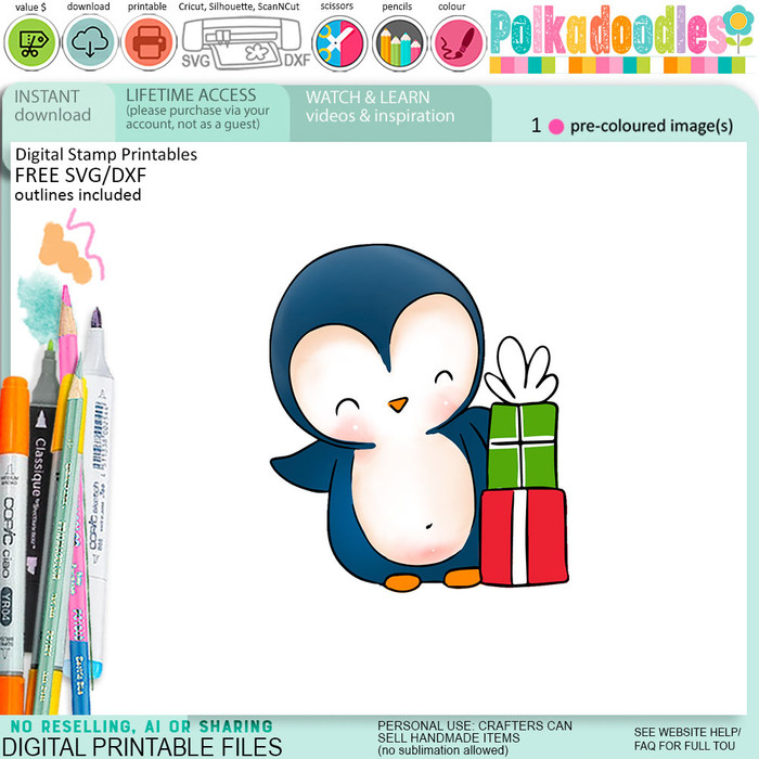 Just for you Theo Penguin colour clipart for card making, crafts, scrapbook, stickers, junk journals