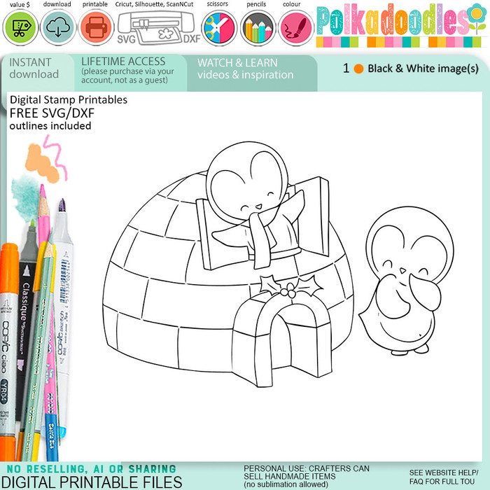 Igloo Fun Theo Penguin - BLACK/WHITE printable digital stamp, card making, craft, sticker, junk journal, scrapbook