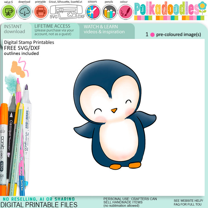 Hello Theo Penguin colour clipart for card making, crafts, scrapbook, stickers, junk journals