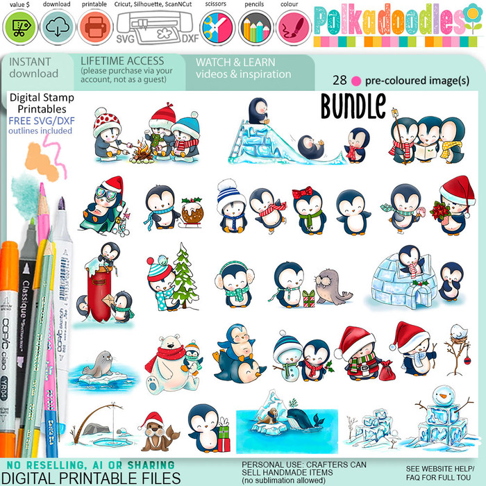 Theo Penguin Winter Snowy Days USB - printable digital stamps, card making, craft, sticker, junk journal, scrapbook