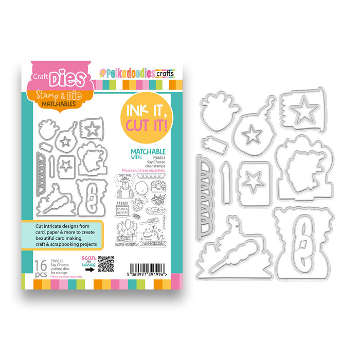 Say Cheese Birthday Celebration outline cutting dies for card making, craft, scrapbooking.