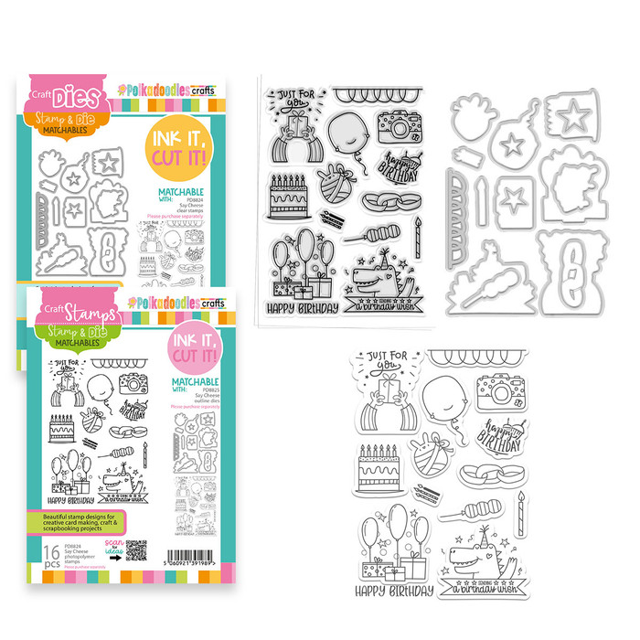 Say Cheese Birthday Celebration A5/6 x 8" stamps and outline cutting dies for card making, craft, scrapbooking