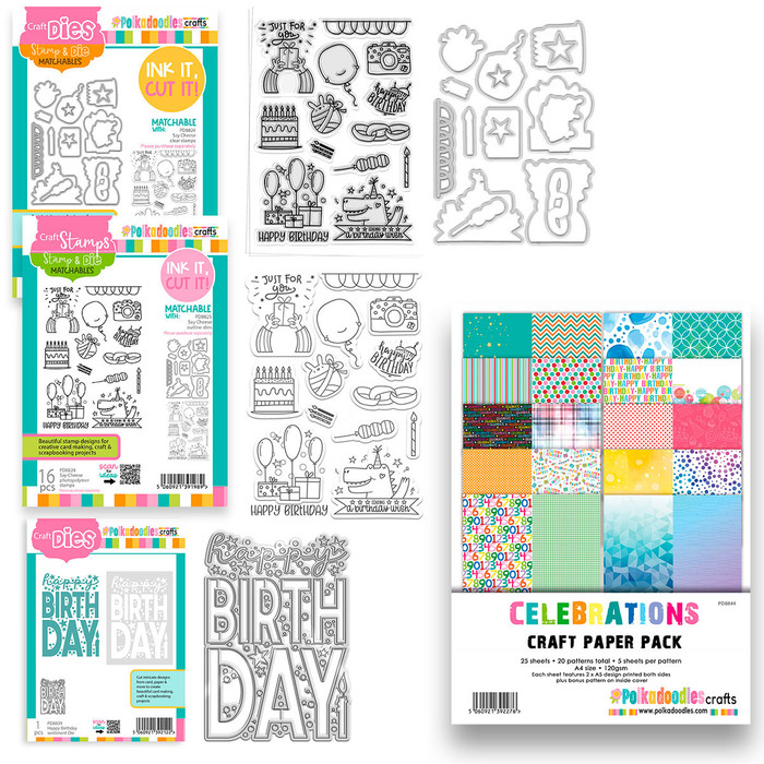 Say Cheese Birthday Celebration A5/6 x 8" stamps and outline cutting dies for card making, craft, scrapbooking
