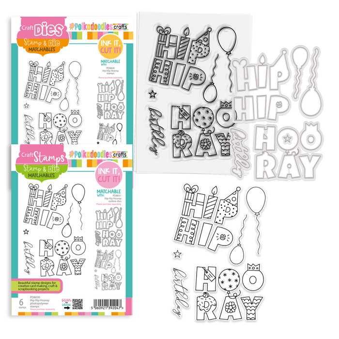 Hip Hip Hooray birthday celebration stamps and outline dies for card making, craft, scrapbooking