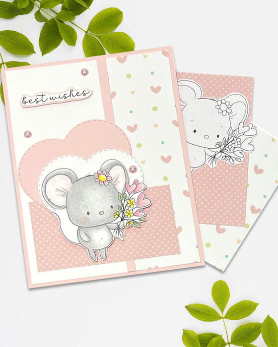 Mouse with flowers cute digital stamp & clipart for card making, craft, scrapbooking.