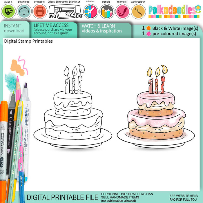 Birthday celebration cake with candles digital stamp & clipart for card making, craft, scrapbooking