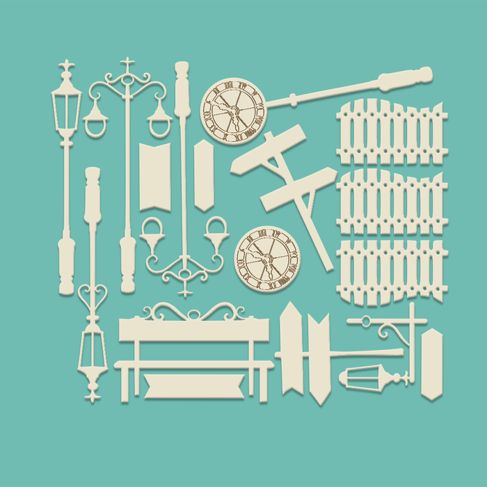 On the street x 16 pcs Chipboard embellishment pack for card making, craft, scrapbooking