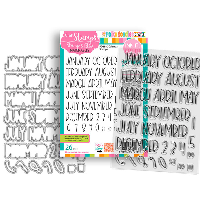 Calendar Months & Numbers clear Stamps & Outline dies bundle (Large A5/6 x 8") - card making, craft, scrapbooking