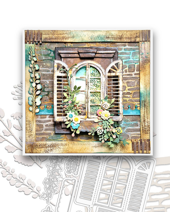 Pretty Shutter Window craft cutting dies with window box & foliage - for card making, craft, scrapbook