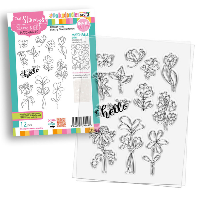 Hello Sketchy Flower A5/6 x 8" clear Photopolymer Stamps for card making, craft, scrapbooking, mixed media