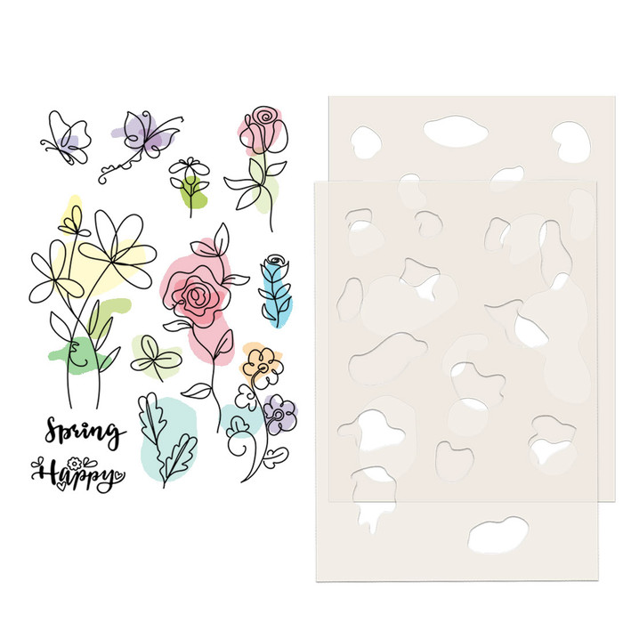 Happy Spring Sketchy Flower A5/6 x 8" clear Photopolymer Stamps & Outline Dies for card making, craft, scrapbooking, mixed media