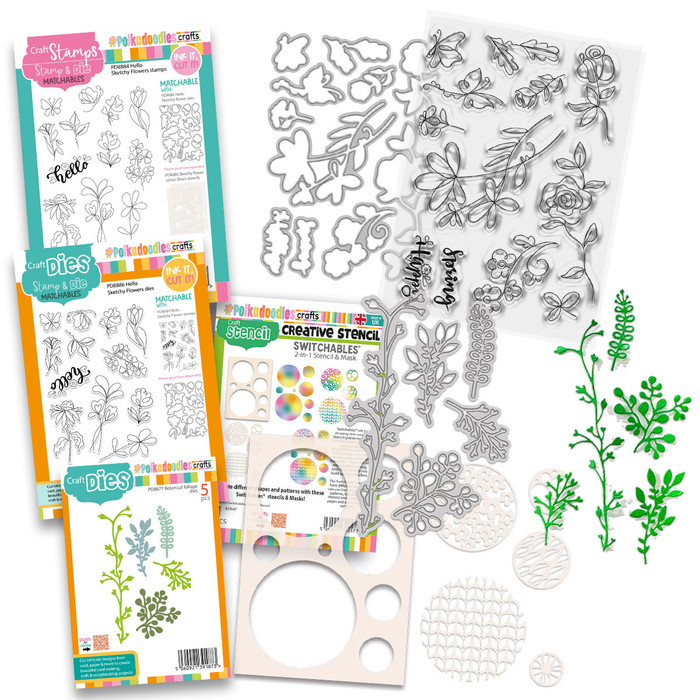 Hello Sketchy Flower Stamp, Dies & Stencil Bundle - card making, craft, scrapbooking, mixed media
