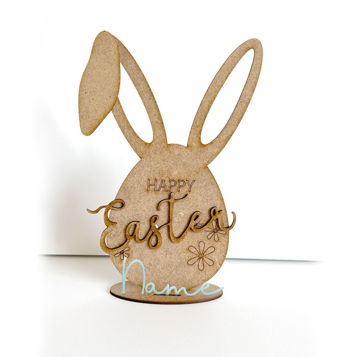 Happy Easter Bunny Rabbit with Flowers Stand Decoration – Personalised MDF Craft Kit