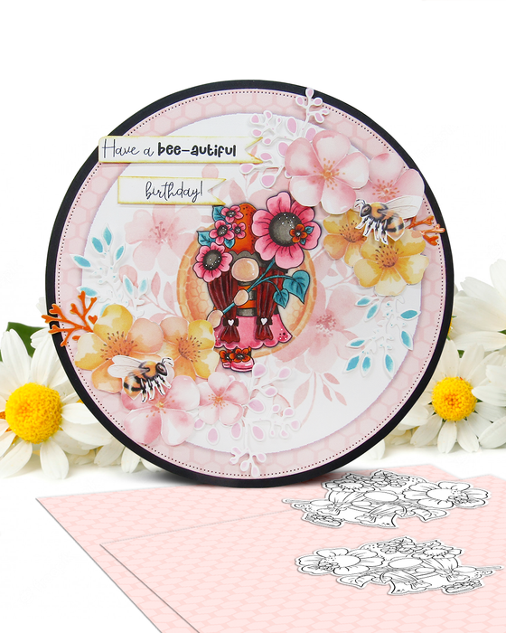 Daisy Delight - Bee Buzzy Gnome cute black/white digital stamp – Printables for Card Making, Scrapbooking and Junk Journaling.