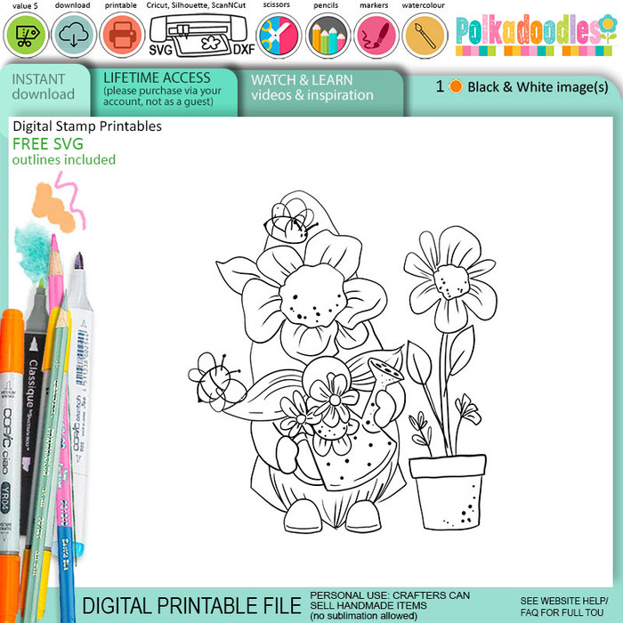 Gnome Grown Bee Buzzy Gnome cute black/white digital stamp – Printables for Card Making, Scrapbooking and Junk Journaling