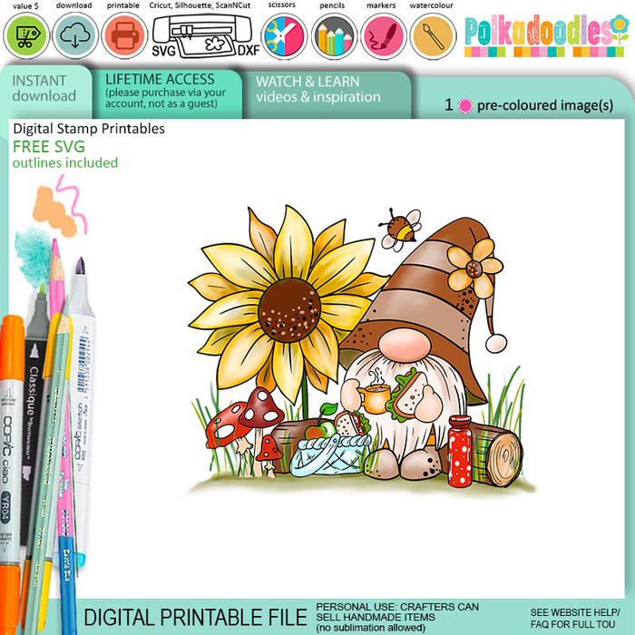 Nom Nom - Bee Buzzy Gnome cute precoloured clipart – Printables for Card Making, Scrapbooking and Junk Journaling.