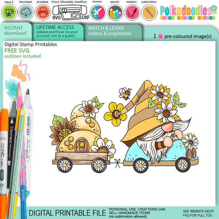 Road Trip car - Bee Buzzy Gnome cute precoloured clipart – Printables for Card Making, Scrapbooking and Junk Journaling.