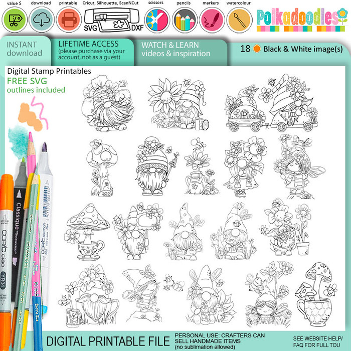 Bee Buzzy Gnomes BIG VALUE bundle – 18 BLACK/WHITE digital stamp images, Printable Stamp Pack for Card Making, Scrapbooking and Junk Journaling.