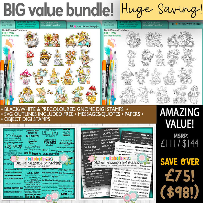 Bee Buzzy Gnomes BIG KAHUNA bundle  – Ultimate Digital Stamp and Printable Clipart Pack for Card Making, Scrapbooking and Junk Journaling.