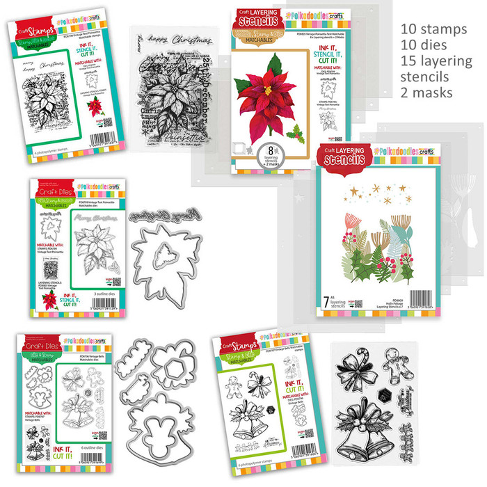 Christmas Vintage Poinsettia Text bumper bundle - stamps, dies and stencils for craft card making.