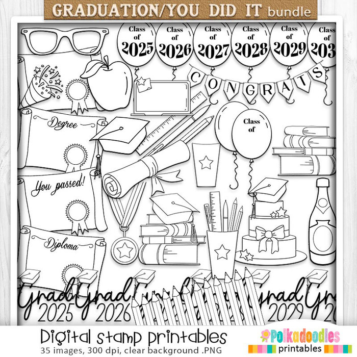 Graduation school student digital stamp objects - Digital Stamp and Printable Clipart Pack for Card Making, Scrapbooking and Junk Journaling.
