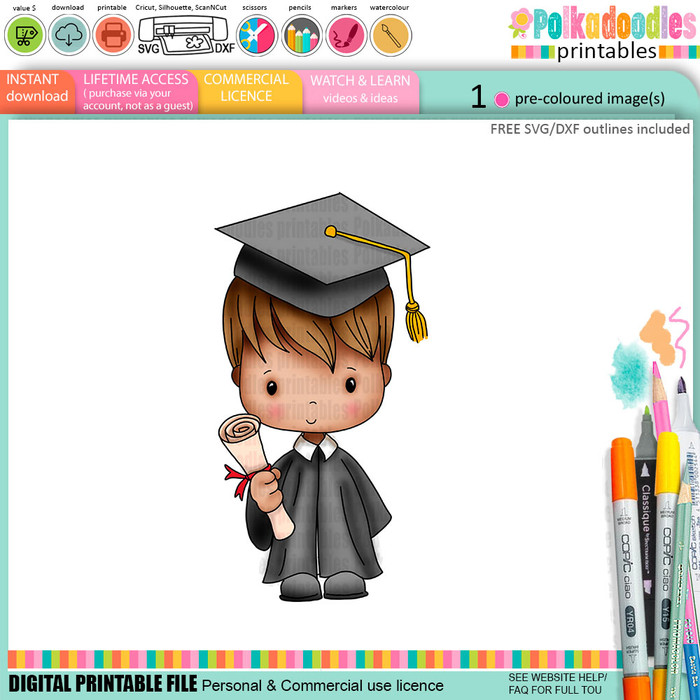 Cute Boy Grey gown Graduation school student clipart for Card Making, Scrapbooking and Junk Journaling