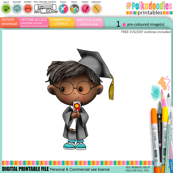 Cute Boy wearing spectacles glasses Grey gown Graduation school student clipart for Card Making, Scrapbooking and Junk Journaling
