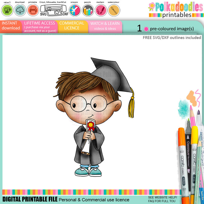 Cute Boy 2 wearing spectacles glasses Blue gown Graduation school student clipart for Card Making, Scrapbooking and Junk Journaling