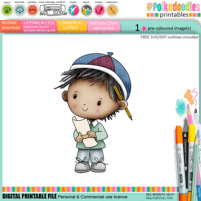 Cute Boy with pencil & paper Graduation school student clipart for Card Making, Scrapbooking and Junk Journaling