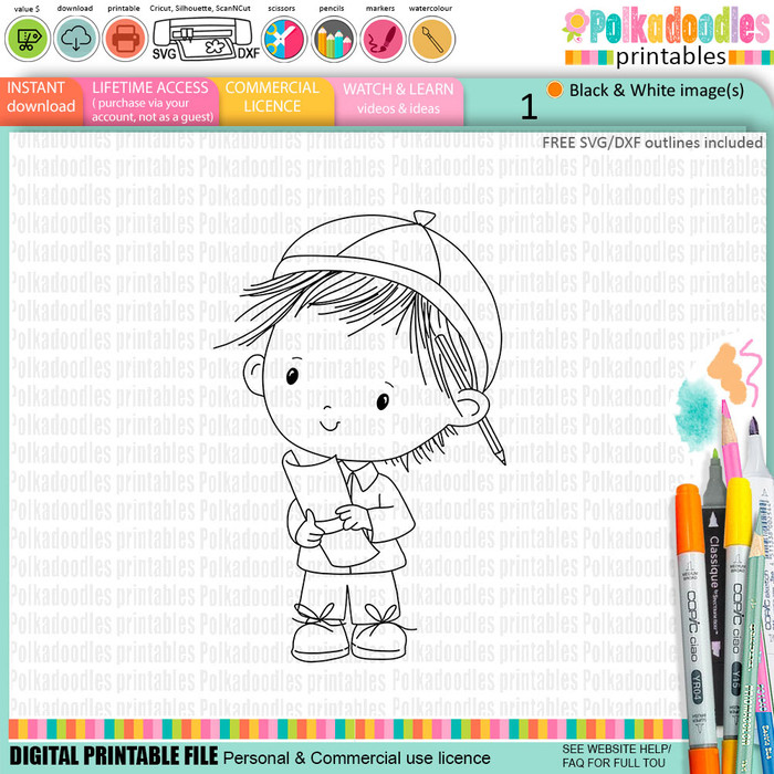 Cute Boy with pencil & paper Graduation school student digital stamp for Card Making, Scrapbooking and Junk Journaling
