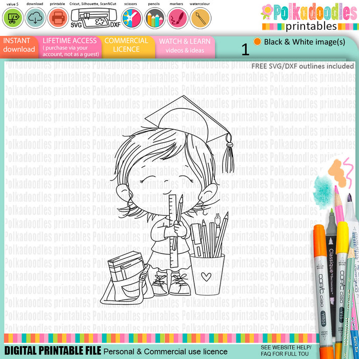 Cute Girl with stationery pens pencils Graduation school student digital stamp for Card Making, Scrapbooking and Junk Journaling.Girl Graduation School Student Digital Stamp – Digital Stamp Printable