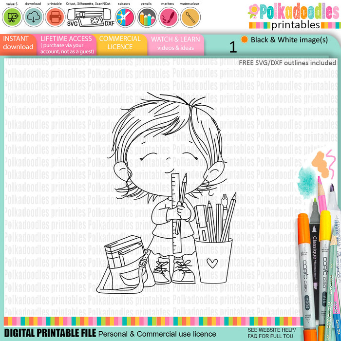 Cute Girl with stationery pens pencils no hat Graduation school student digital stamp for Card Making, Scrapbooking and Junk Journaling