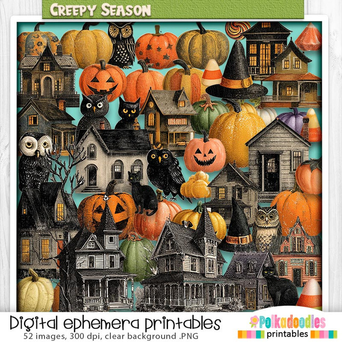 Cute and Creepy ephemera bundle - digital printable clipart Halloween Fall - Card Making, Scrapbooking, Junk Journal, svg, stickers