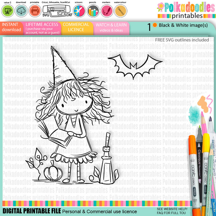 Witch with Bat - cute craft digital stamp Halloween Fall Autumn Witches with Broomsticks - Card Making, Scrapbooking, Junk Journal, svg, stickers