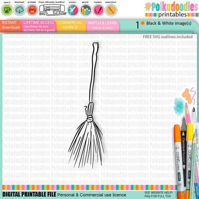 Broomstick - cute craft digital stamp Halloween Fall Autumn Witches with Broomsticks - Card Making, Scrapbooking, Junk Journal, svg, stickers.
