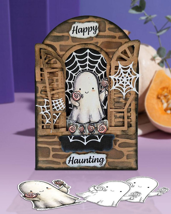 Creepy Creatures Ghost - cute craft digital stamp Halloween Fall Autumn Cute & Creepy - Card Making, Scrapbooking, Junk Journal, svg, stickers, featuring a cute cartoon ghost with lollipops inside a spooky window with spider webs and a 'Happy' and 'Haunting' sign.