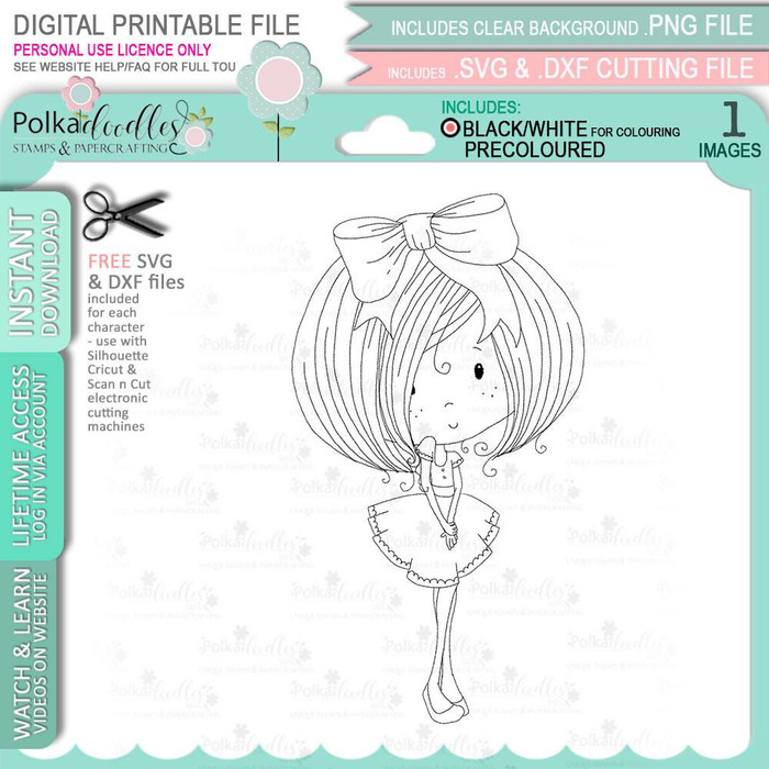 Winnie Sugar Sprinkles Kelly von Sweets - Kit and Clowder colouring class, Winnie Sugar Sprinkles Spring - Cute Printable Digital Stamp Card making Craft Download, featuring a black and white digital stamp of a cute girl with a big bow in her hair, perfect for crafting and coloring.