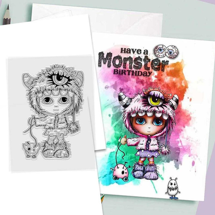 Little Monsters Little Monster bundle - halloween trick or treat card making craft stamps, colorful illustrated monster character with one eye, furry costume, and themed accessories.