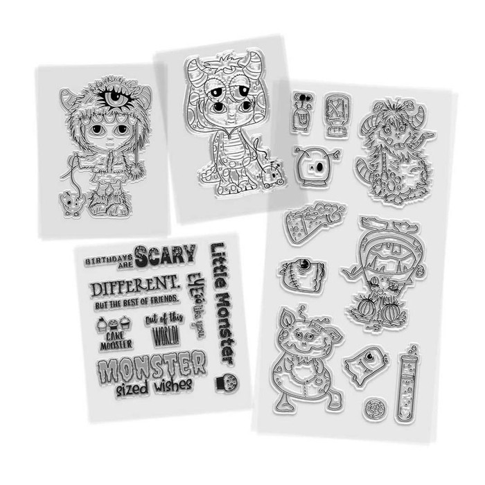 Little Monsters Little Monster bundle - halloween trick or treat card making craft stamps, black and white photo of the stamp set featuring spooky monsters, phrase stamps, and Halloween-themed images.
