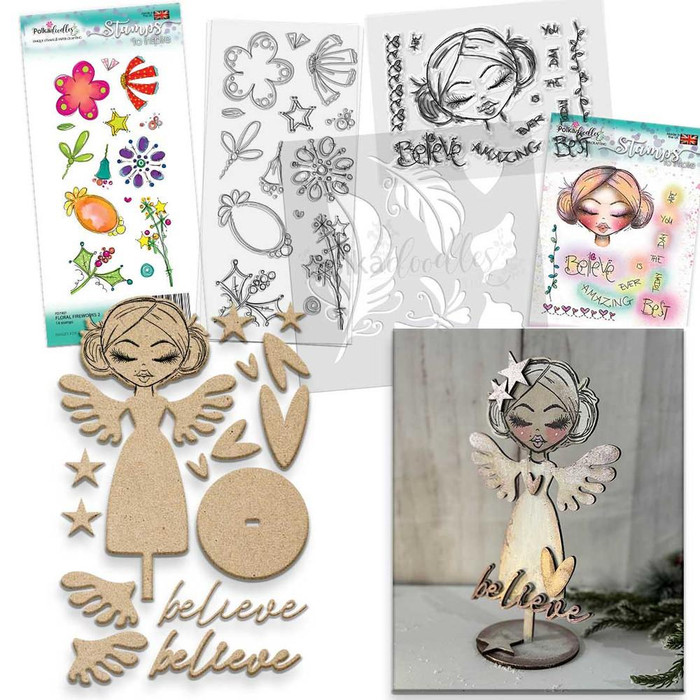 Believe in Angels – 3D Mixed Media Craft kit - Stamps, stencil & MDF BUNDLE, featuring angel and star-shaped embellishments, rubber stamps, and decorative elements for crafting and DIY projects.
