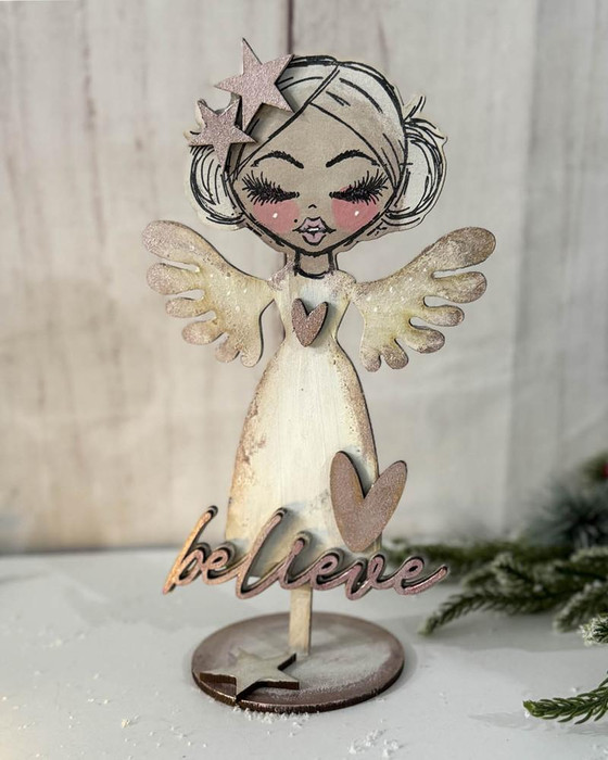MDF Believe in Angels MDF engraved blanks x 2 - Stand-Up 3D Shape Set for crafts, mixed media, art dolls, featuring a whimsical angel figurine with glitter accents, wings, and the word 'believe' in a decorative script.