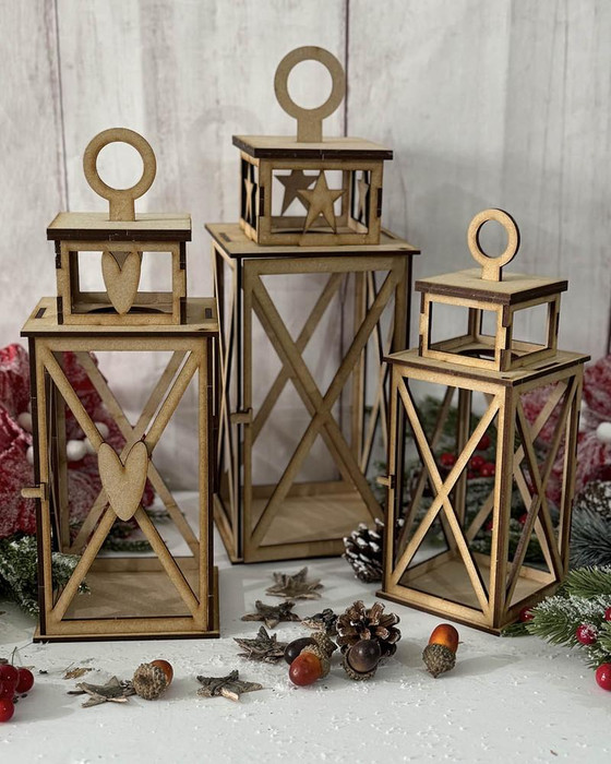 MDF Small Lantern MDF wood blank Craft Kit – Christmas Holiday Home Décor crafts, set of three decorated holiday lanterns with cutout shapes, perfect for festive Christmas decorations.