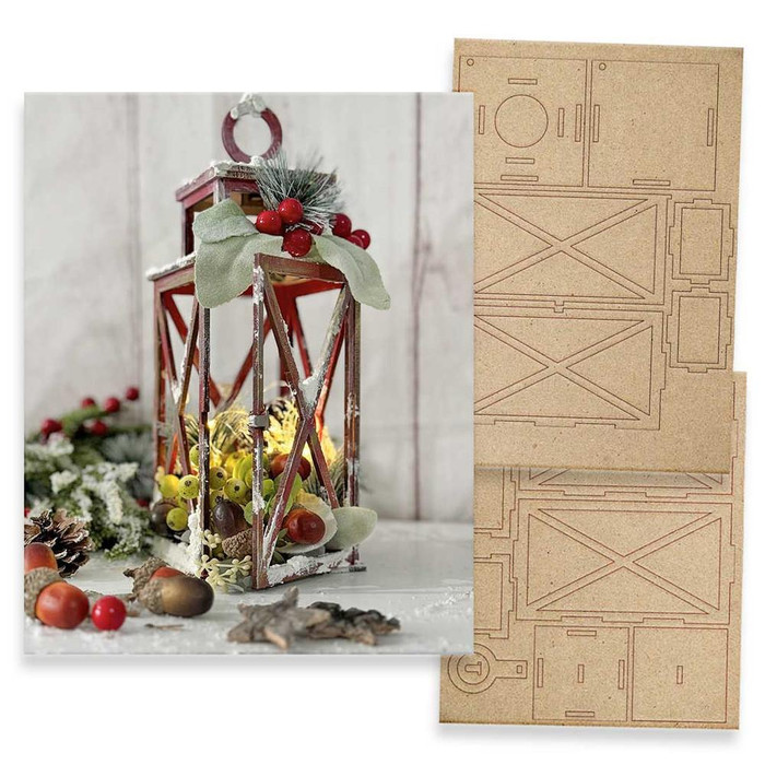 MDF Small Lantern MDF wood blank Craft Kit – Christmas Holiday Home Décor crafts, with unassembled wooden pieces for DIY holiday lantern project.